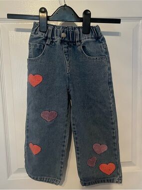 Kids Heart Patch Denim Pants - Blue with Pink & Red Hearts 4-5T